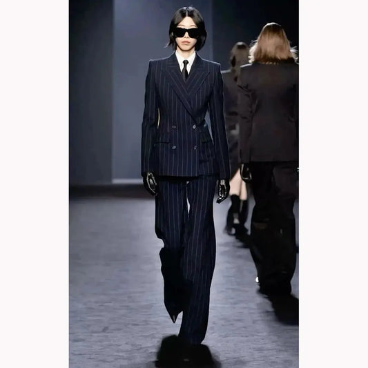 Dark Blue Stripes Women Suit Customized Double-breasted Peak Lapel Two Pieces(Jacket+Pants) Business Office Lady Competent Set JNi3 shop