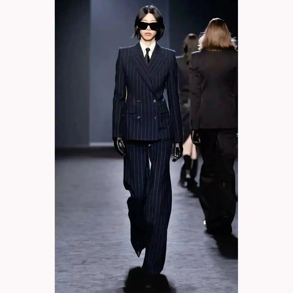 Dark Blue Stripes Women Suit Customized Double-breasted Peak Lapel Two Pieces(Jacket+Pants) Business Office Lady Competent Set JNi3 shop