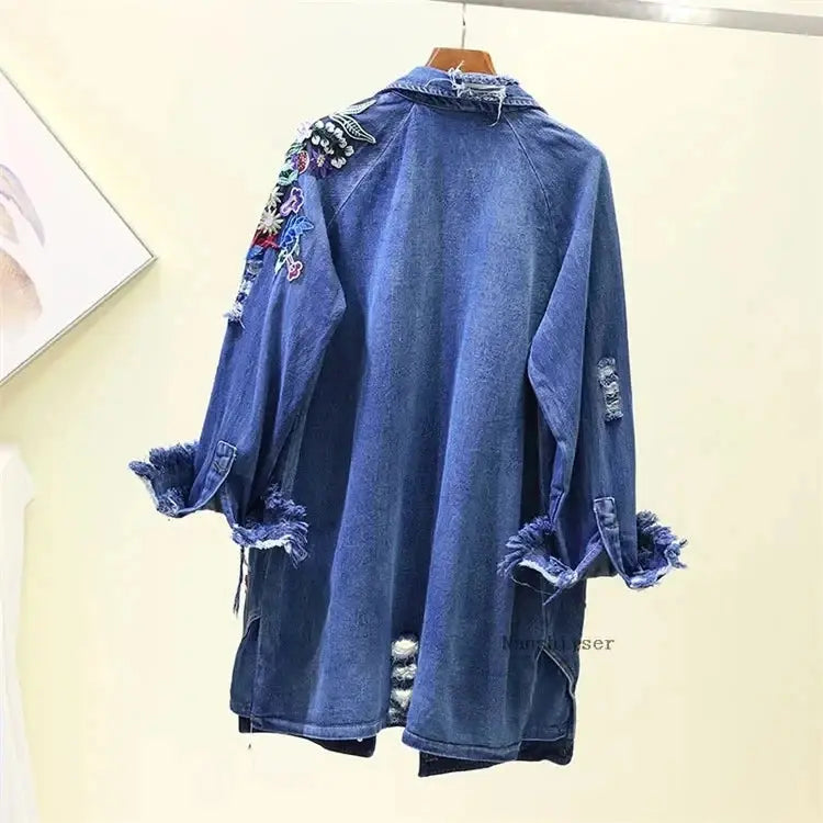 Spring Autumn Loose Vintage Flower Embroidered Denim Jacket Women Single-breasted Casual Raw Fringe Hole Jeans Jackets Female JNi3 shop