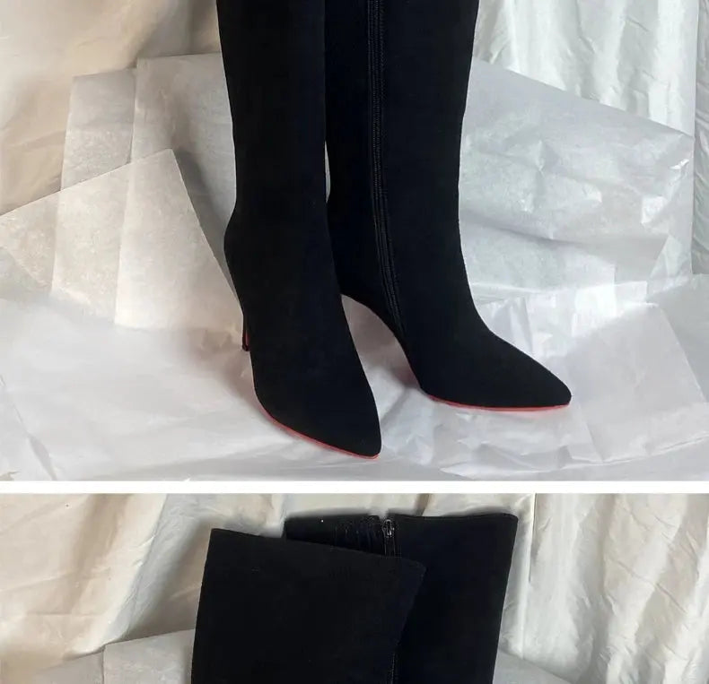 Ods Luxury Designer Sexy Pointed Toe Pole Knee High Brown Black Leather Red Sole Botas Mujer Boots For Women 8 10cm Big JNi3 shop