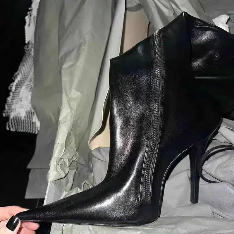 2025 Autumn And Winter New European Pointed High Boots Female Slim Heel Slim Side Zipper Motorcycle Boots High Heel Boots JNi3 shop