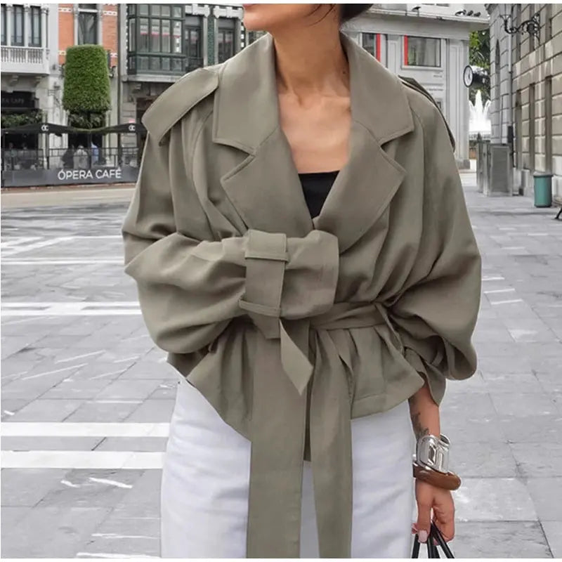 Lace Up Lapel Collar Windbreaker Women Shoulder Pat Long Sleeves Wide Shoulder Coats 2025 Autumn Commute Daily Jacket JNi3 shop