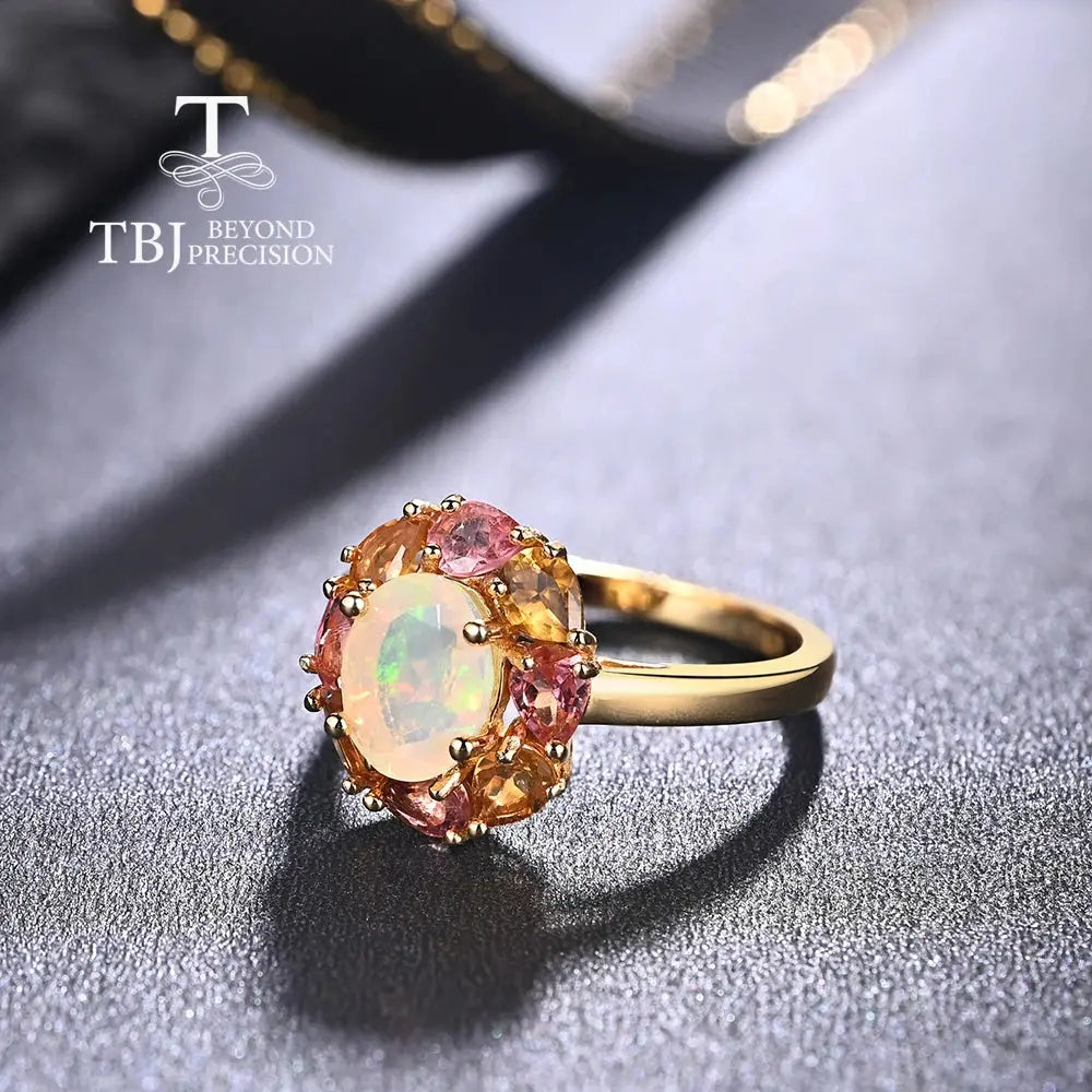 Colorful natural opal cut with natural tourmaline gemstone gorgeous design ring 925 sterling silver fine jewelry gift for mom JNi3 shop