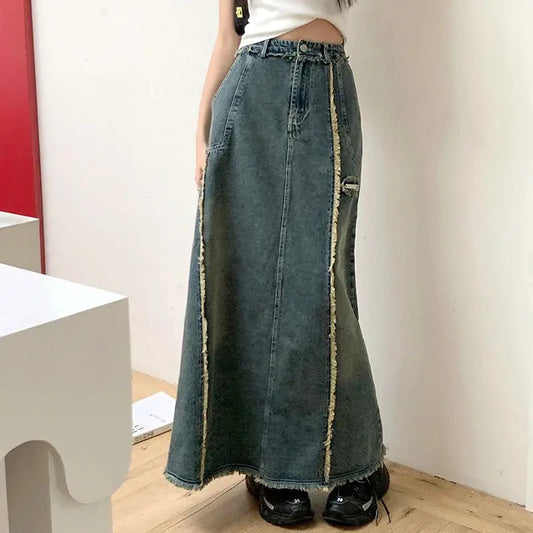 Seoulish High Waist Vintage Patchwork Women's Denim Skirts 2025 New Back Split Casual Loose Straight Jeans Long Skirts Female JNi3 shop