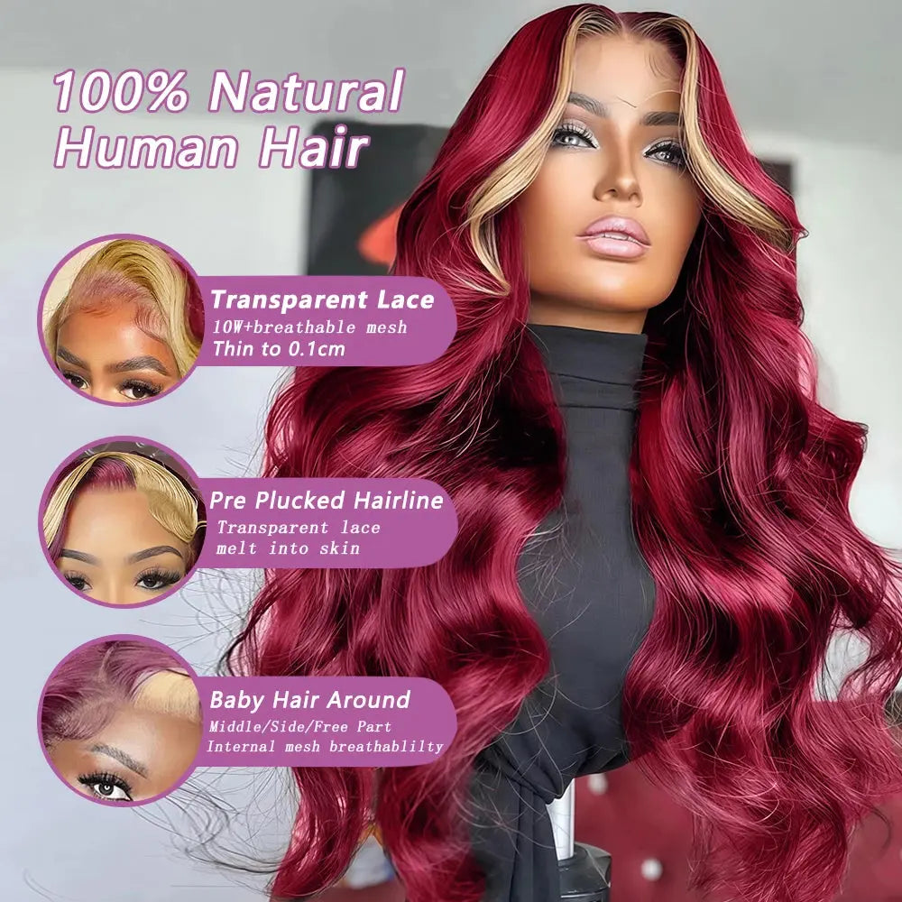 Colored Highlight Hd Transparent Body Wave Lace Front Wigs Omber Blonde With Burgundy Red Human Hair Wigs Brazilian JNi3 shop