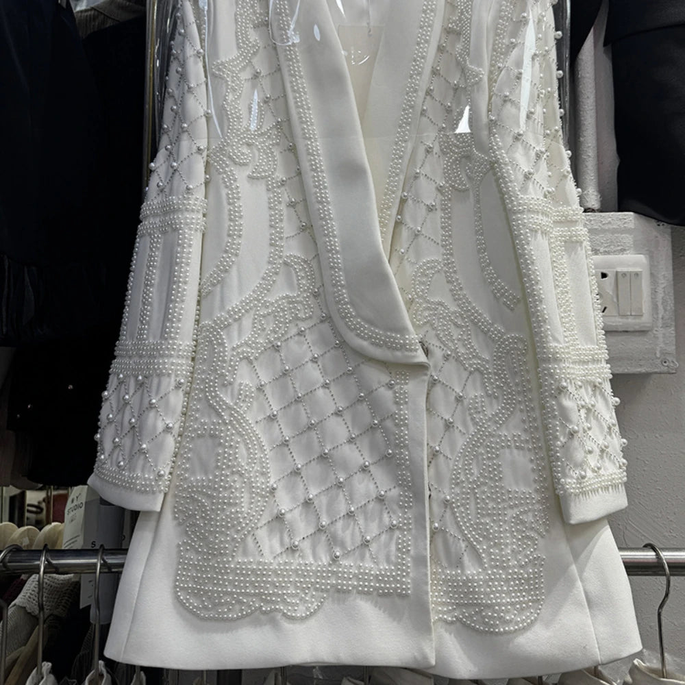 GALCAUR Solid Slimming Spliced Bead Blazer for Women Lapel Long Sleeves Patchwork Single Botton Fashion Coat Female Clothing New