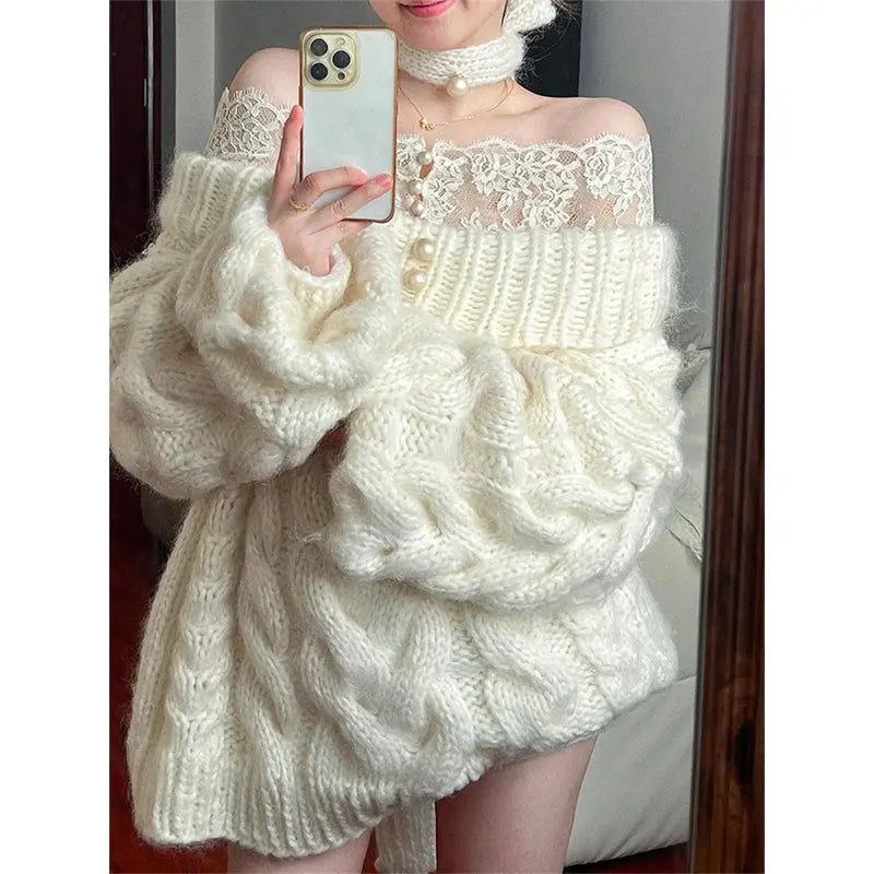 Elegant Slash Neck Sweater Women Fashion Lace Patchwork Knitted Pullovers Korean Oversized Knitwears Winter Long Sleeve Jumpers JNi3 shop