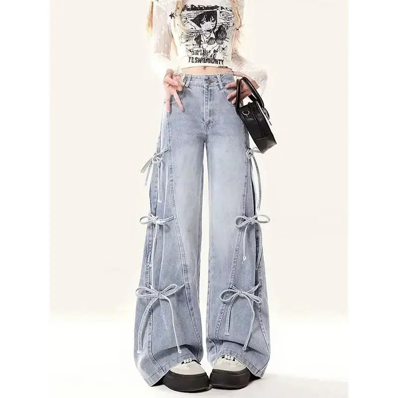 MEXZT Y2K 2000S Jeans Women Vintage Streetwear Bow Bandage Wide Leg Denim Pants Harajuku Korean Baggy Casual Straight Trousers JNi3 shop