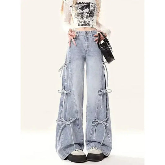 MEXZT Y2K 2000S Jeans Women Vintage Streetwear Bow Bandage Wide Leg Denim Pants Harajuku Korean Baggy Casual Straight Trousers JNi3 shop