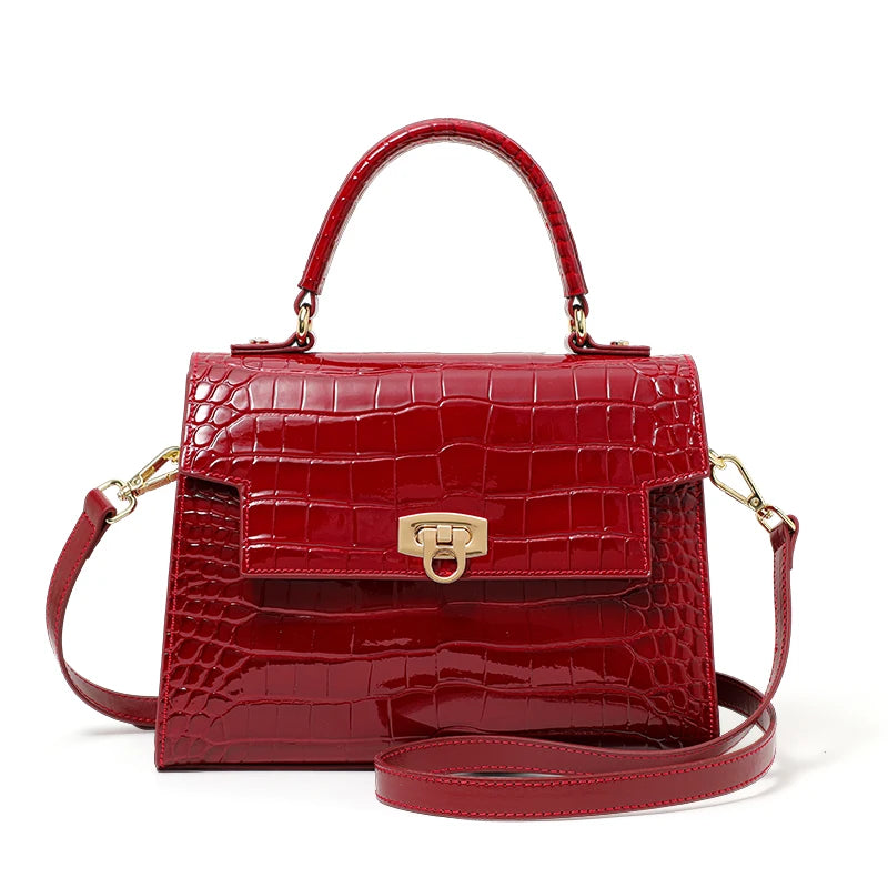 New Lacquer Skin Crocodile Pattern Women's Handbag Top Layer Cowhide Styled High Grade Single Shoulder Crossbody Bag