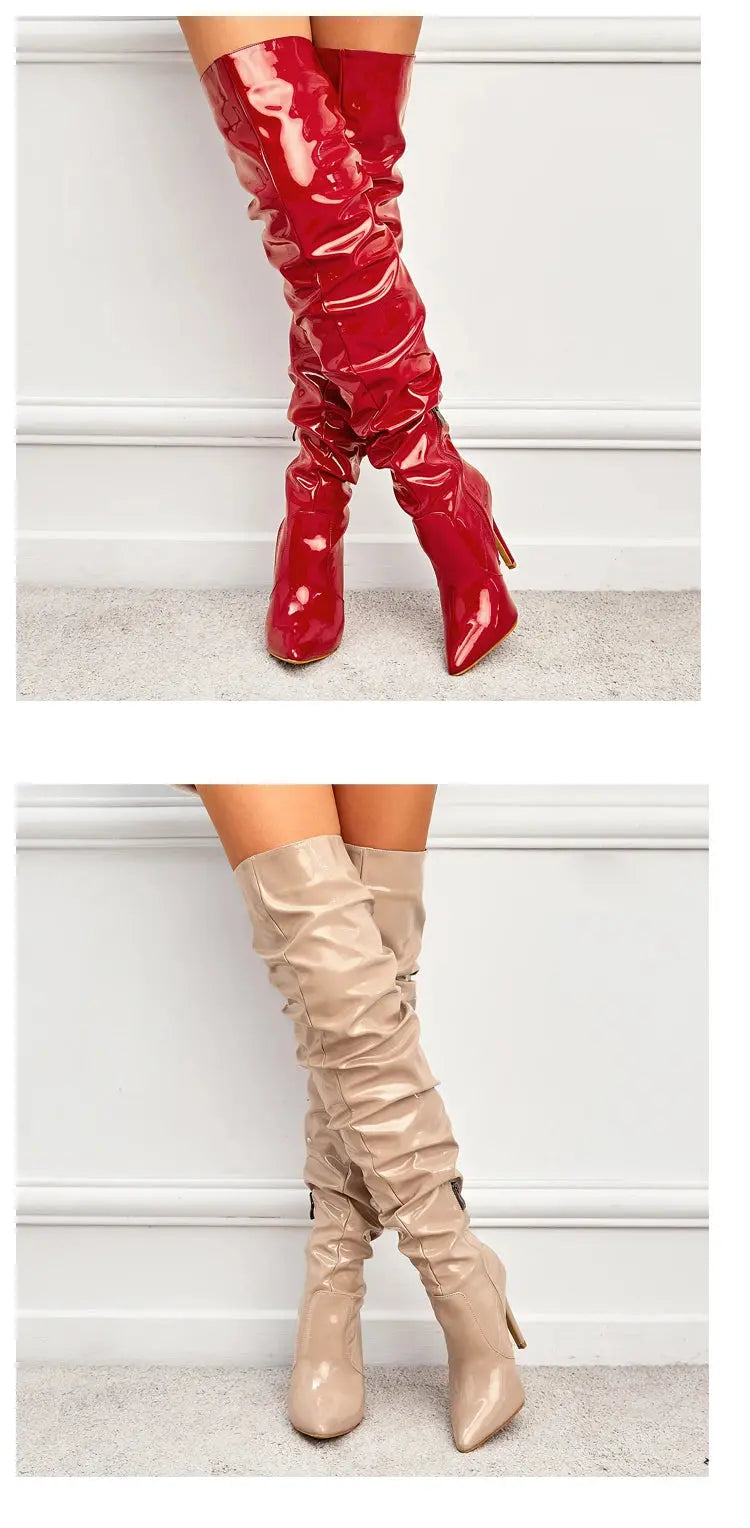 Eilyken Red Women Over The Knee Boots High Heels Patent Leather Solid Pointed Toe Stiletto Side Zipper Sapatos Femininos JNi3 shop