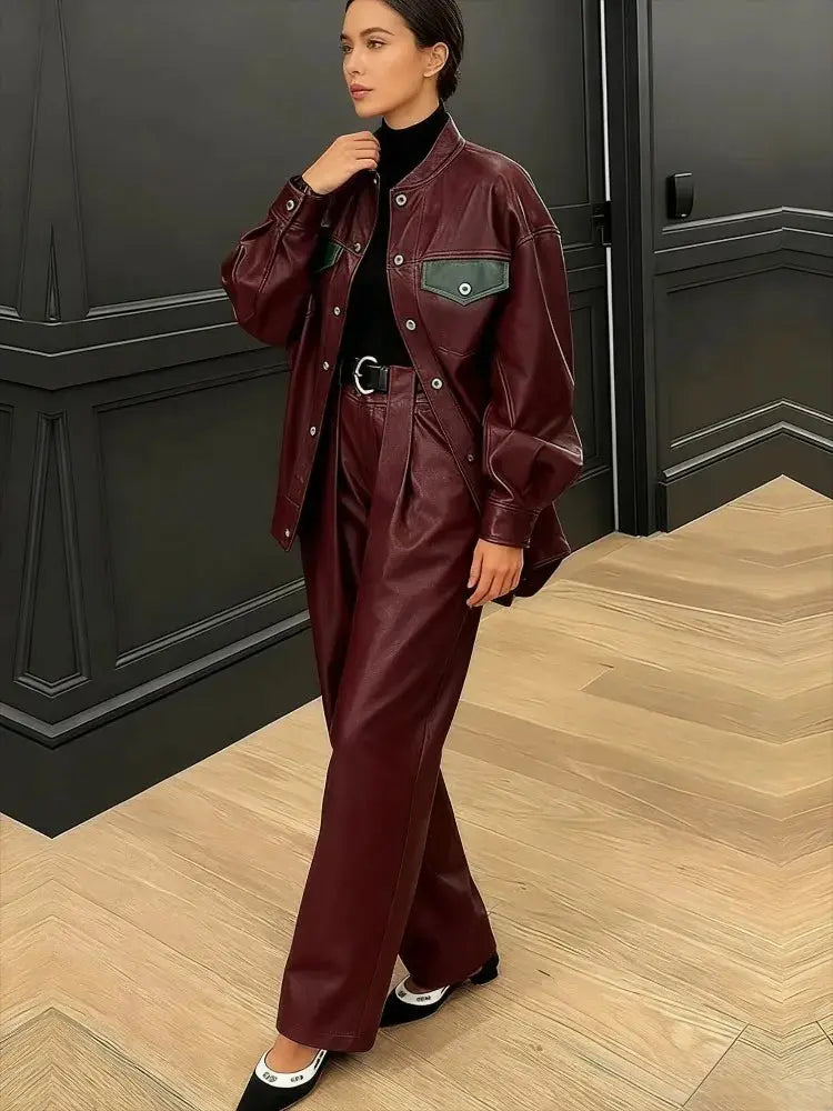 Gymystars Autumn Wine Red PU Two Piece Sets for Women Fashion Wide Leg Pants Elegant Button Jacket Elegant No Belt Trousers Suit JNi3 shop