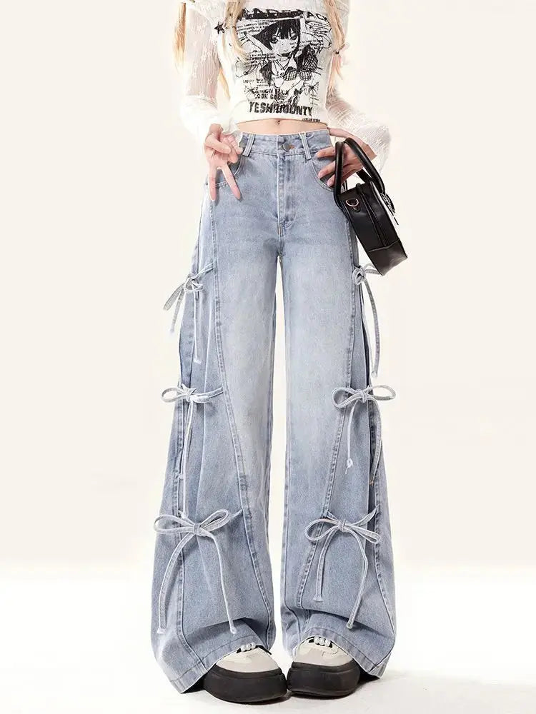 MEXZT Y2K 2000S Jeans Women Vintage Streetwear Bow Bandage Wide Leg Denim Pants Harajuku Korean Baggy Casual Straight Trousers JNi3 shop