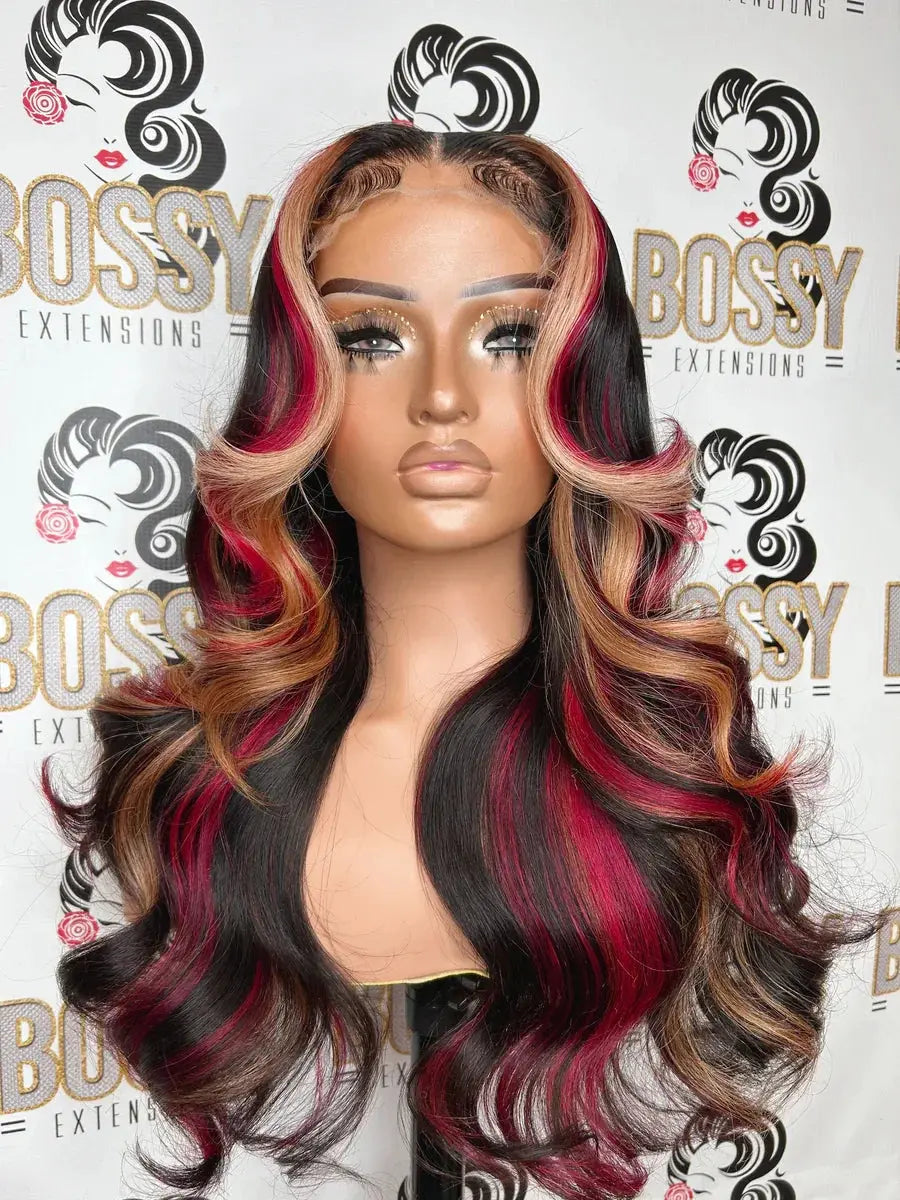 13x6 Reddish Brown Women's Wigs Synthetic Lace Front Wig Red Body Wave Lace Frontal Wig Glueless Pre Plucked With Baby Hair Wig JNi3 shop