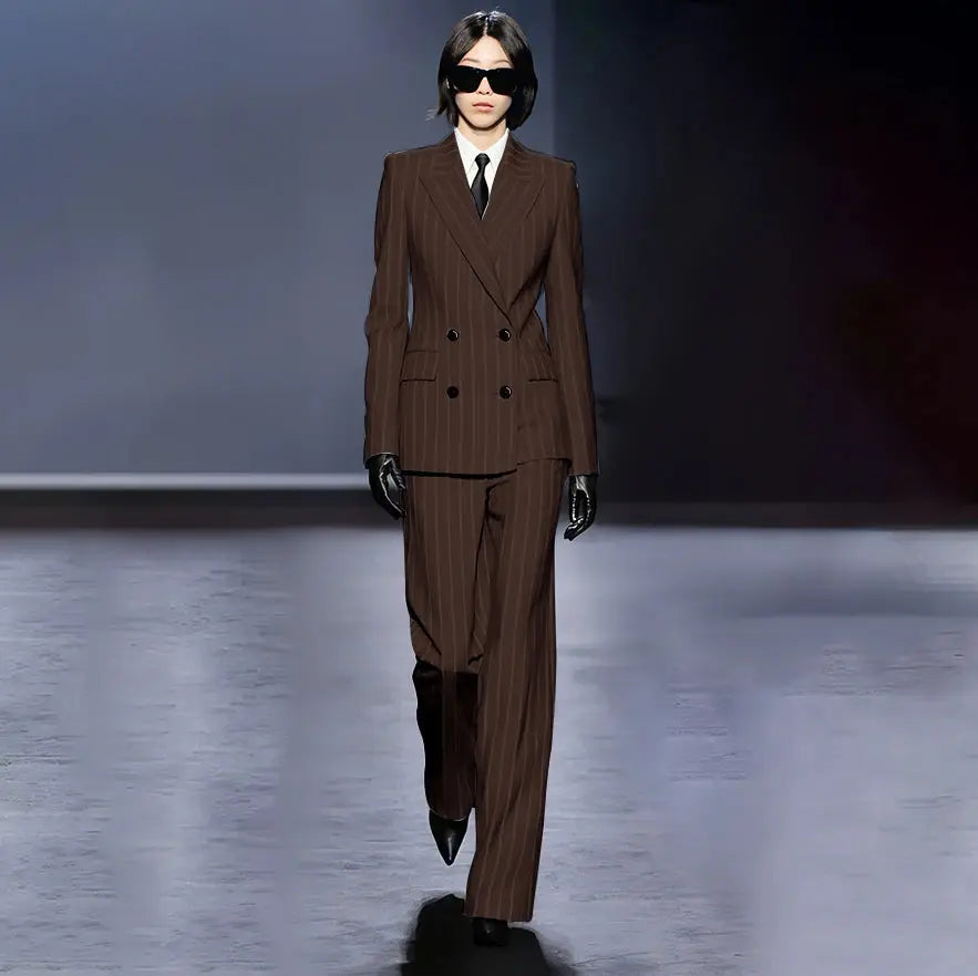 Dark Blue Stripes Women Suit Customized Double-breasted Peak Lapel Two Pieces(Jacket+Pants) Business Office Lady Competent Set JNi3 shop