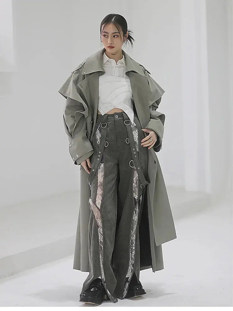 Mauroicardi Spring Long Oversized Elegant Ruffled Trench Coat for Women Double Breasted Luxury Designer Overcoat Runway Fashion JNi3 shop