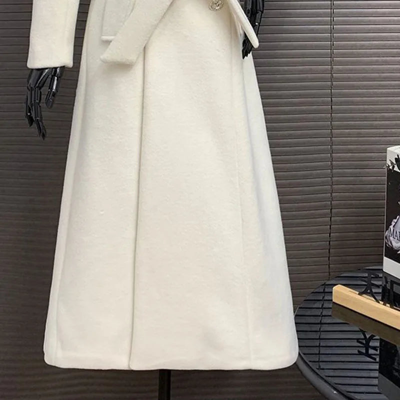 New Elegant White Woolen Coat - Thick Double-Breasted Long Winter/Autumn