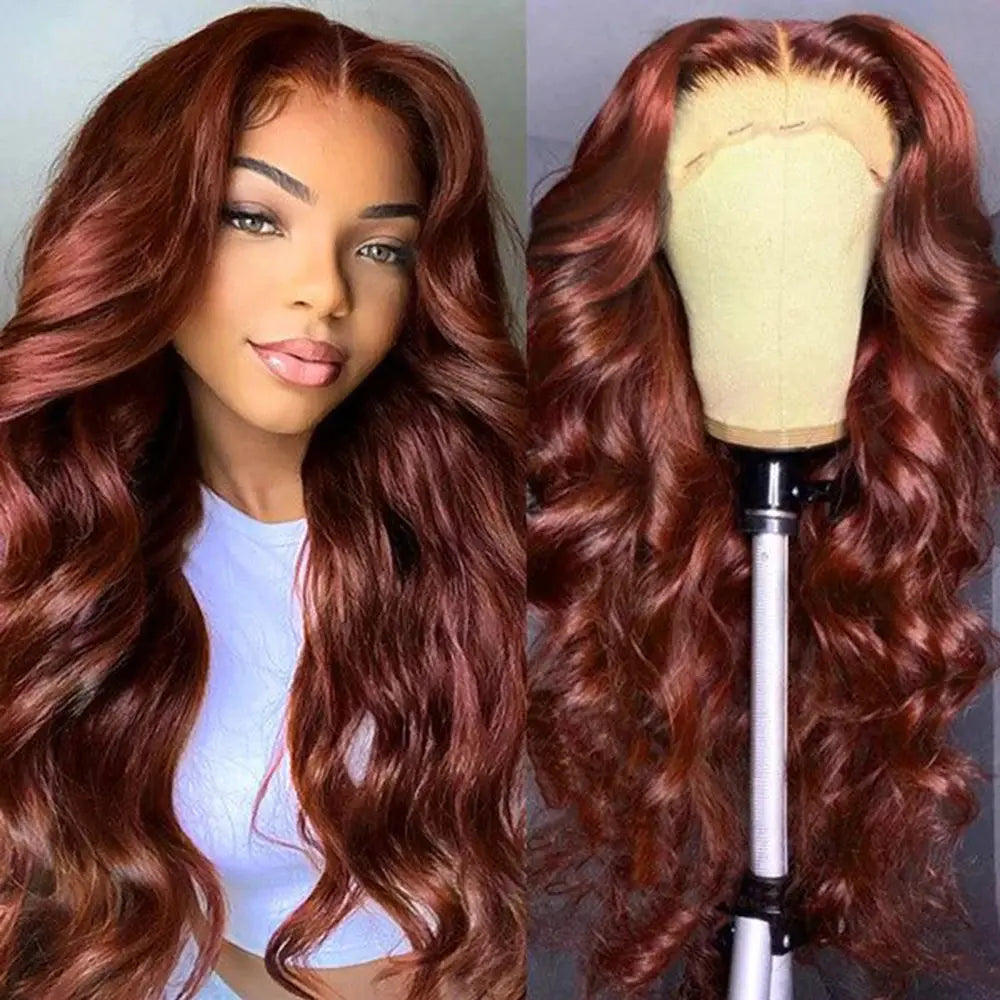 13x6 Reddish Brown Women's Wigs Synthetic Lace Front Wig Red Body Wave Lace Frontal Wig Glueless Pre Plucked With Baby Hair Wig JNi3 shop