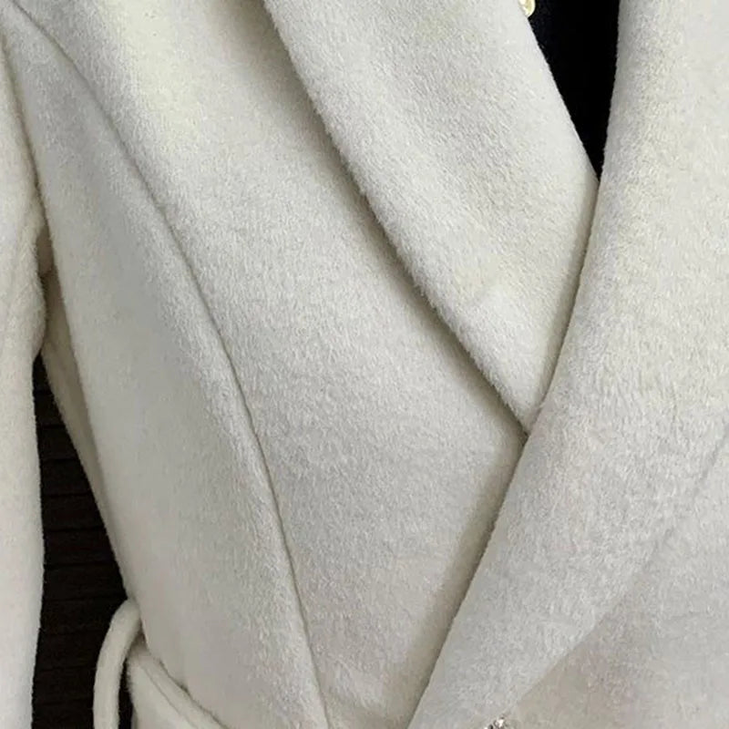 New Elegant White Woolen Coat - Thick Double-Breasted Long Winter/Autumn