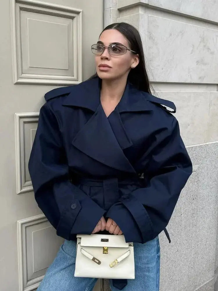 Lace Up Lapel Collar Windbreaker Women Shoulder Pat Long Sleeves Wide Shoulder Coats 2025 Autumn Commute Daily Jacket JNi3 shop