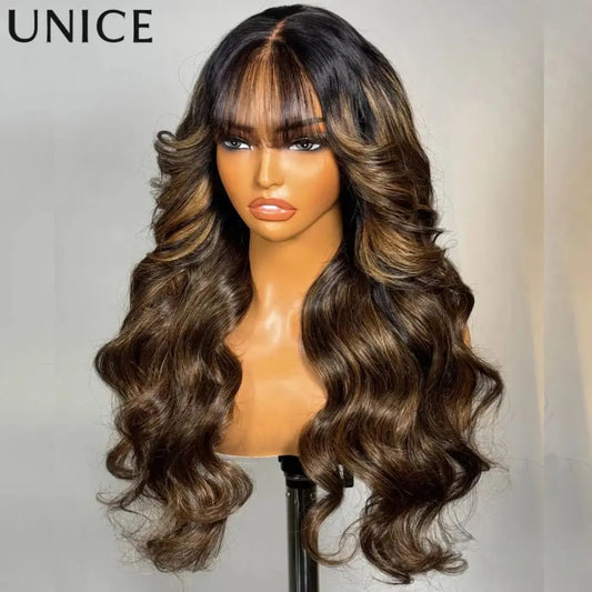 UNice Hair Drawstring Cap 13x4 Human Hair Lace Frontal Wig With Bangs FB30 Balayage Body Wave Wig Pre Everything Glueless Wigs JNi3 shop
