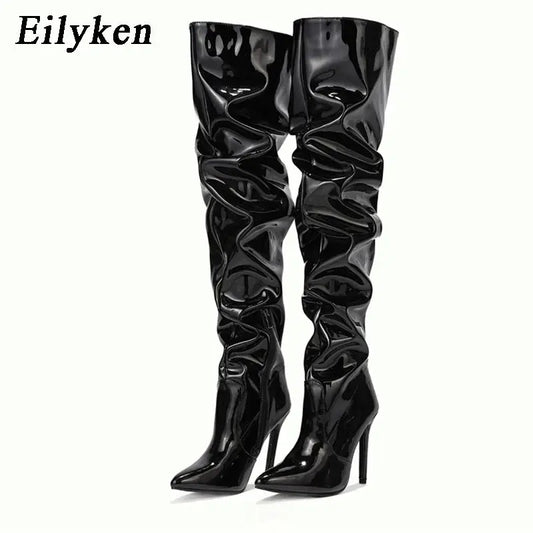 Eilyken Red Women Over The Knee Boots High Heels Patent Leather Solid Pointed Toe Stiletto Side Zipper Sapatos Femininos JNi3 shop