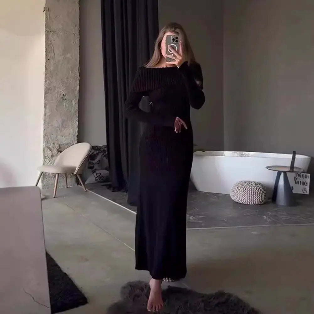 Tossy Fashion Knit Long Dress Off-Shoulder Female Ribbed Loose High Waist Elegant Autumn Party Dress Ladies Knitwear Maxi Dress JNi3 shop