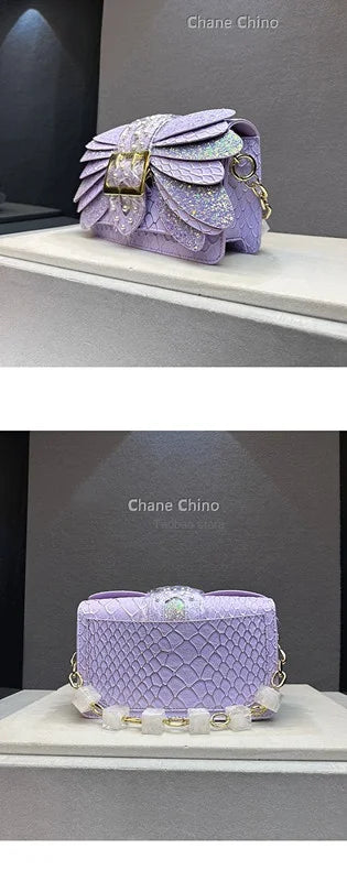 Pearl Rivets Wings Women Bag Genuine Leather Trendy Handbags Lady Small Square Shoulder Messenger Sequin Bags