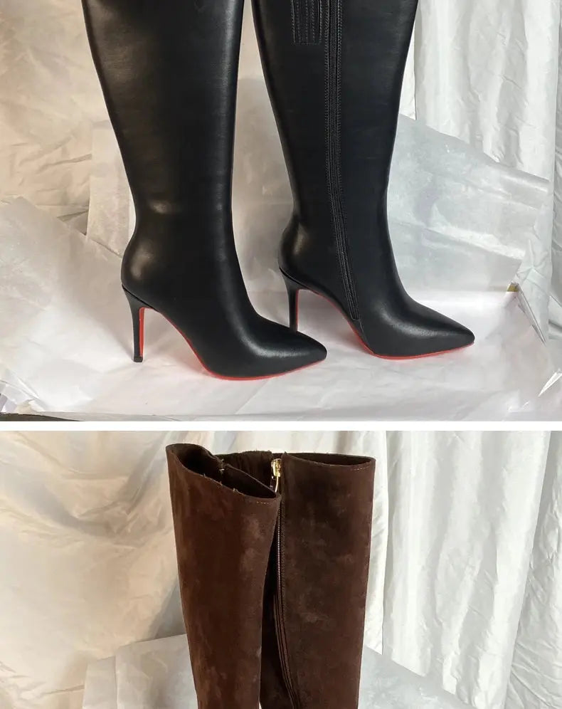 Ods Luxury Designer Sexy Pointed Toe Pole Knee High Brown Black Leather Red Sole Botas Mujer Boots For Women 8 10cm Big JNi3 shop