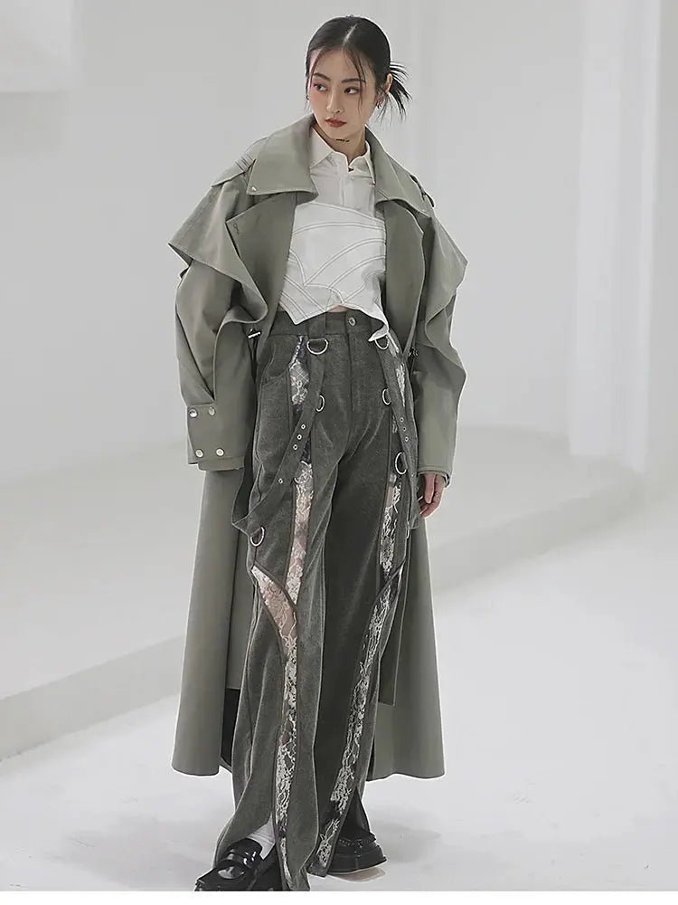 Mauroicardi Spring Long Oversized Elegant Ruffled Trench Coat for Women Double Breasted Luxury Designer Overcoat Runway Fashion JNi3 shop