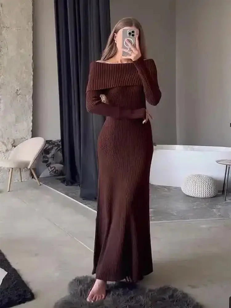 Tossy Fashion Knit Long Dress Off-Shoulder Female Ribbed Loose High Waist Elegant Autumn Party Dress Ladies Knitwear Maxi Dress JNi3 shop