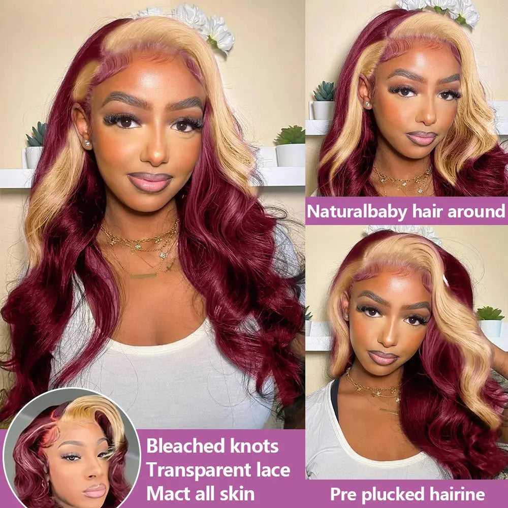 Colored Highlight Hd Transparent Body Wave Lace Front Wigs Omber Blonde With Burgundy Red Human Hair Wigs Brazilian JNi3 shop
