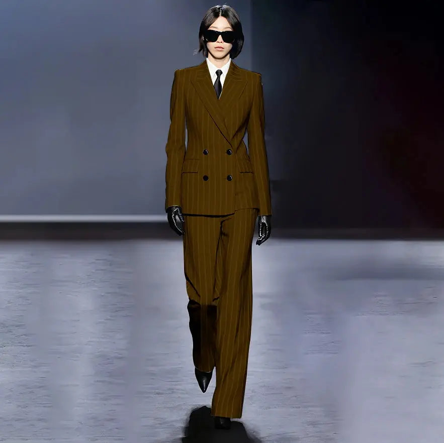 Dark Blue Stripes Women Suit Customized Double-breasted Peak Lapel Two Pieces(Jacket+Pants) Business Office Lady Competent Set JNi3 shop