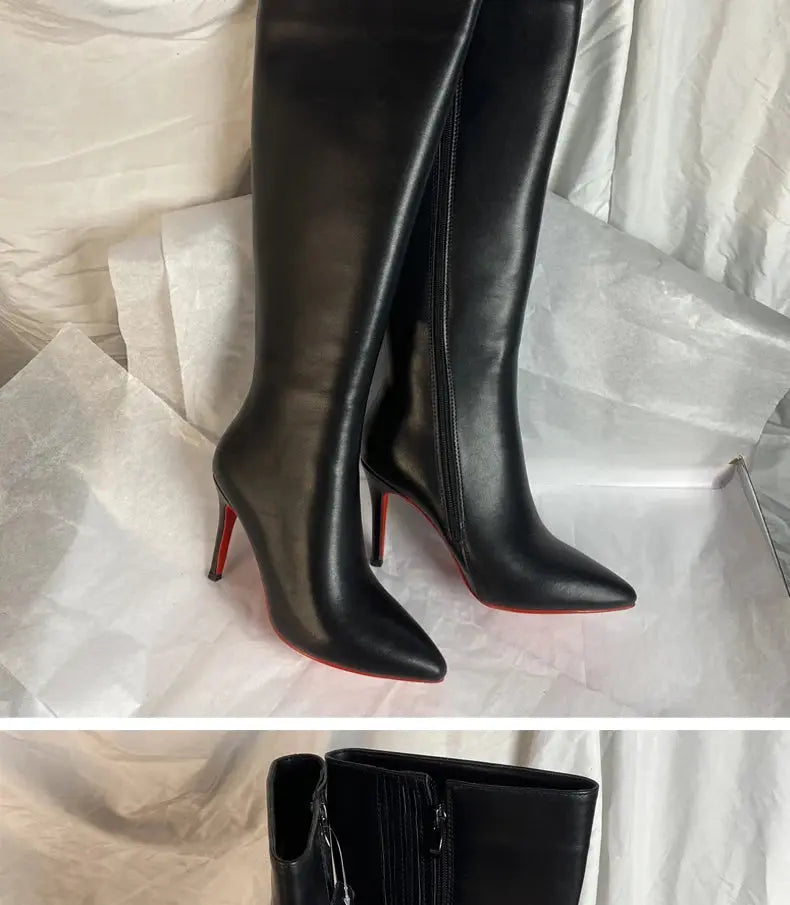 Ods Luxury Designer Sexy Pointed Toe Pole Knee High Brown Black Leather Red Sole Botas Mujer Boots For Women 8 10cm Big JNi3 shop