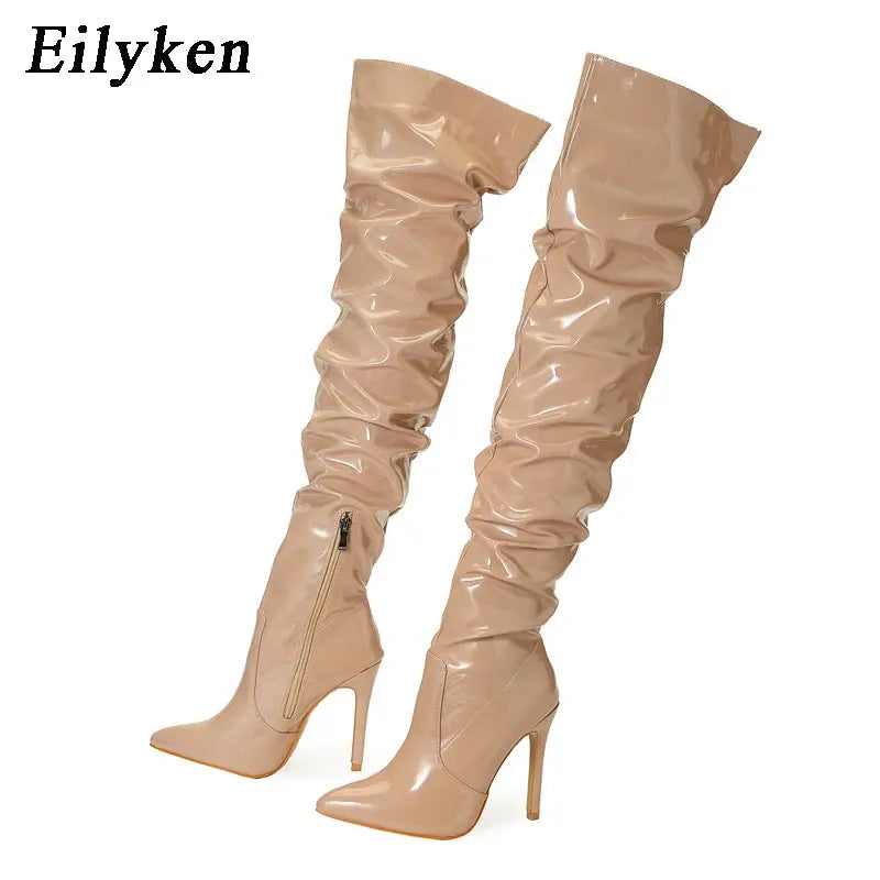 Eilyken Red Women Over The Knee Boots High Heels Patent Leather Solid Pointed Toe Stiletto Side Zipper Sapatos Femininos JNi3 shop