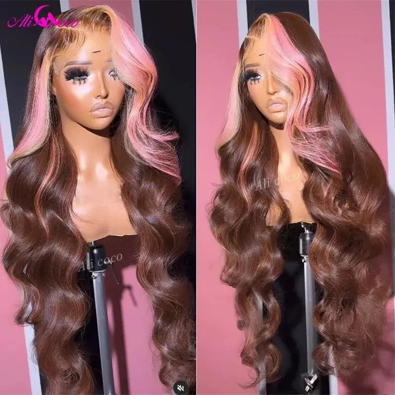Ali Coco HD Brown Pink 13x4 Body Lace Frontal Wig For Women 12A Pink Hightlight Lace Front Human Hair Wigs Preplucked JNi3 shop