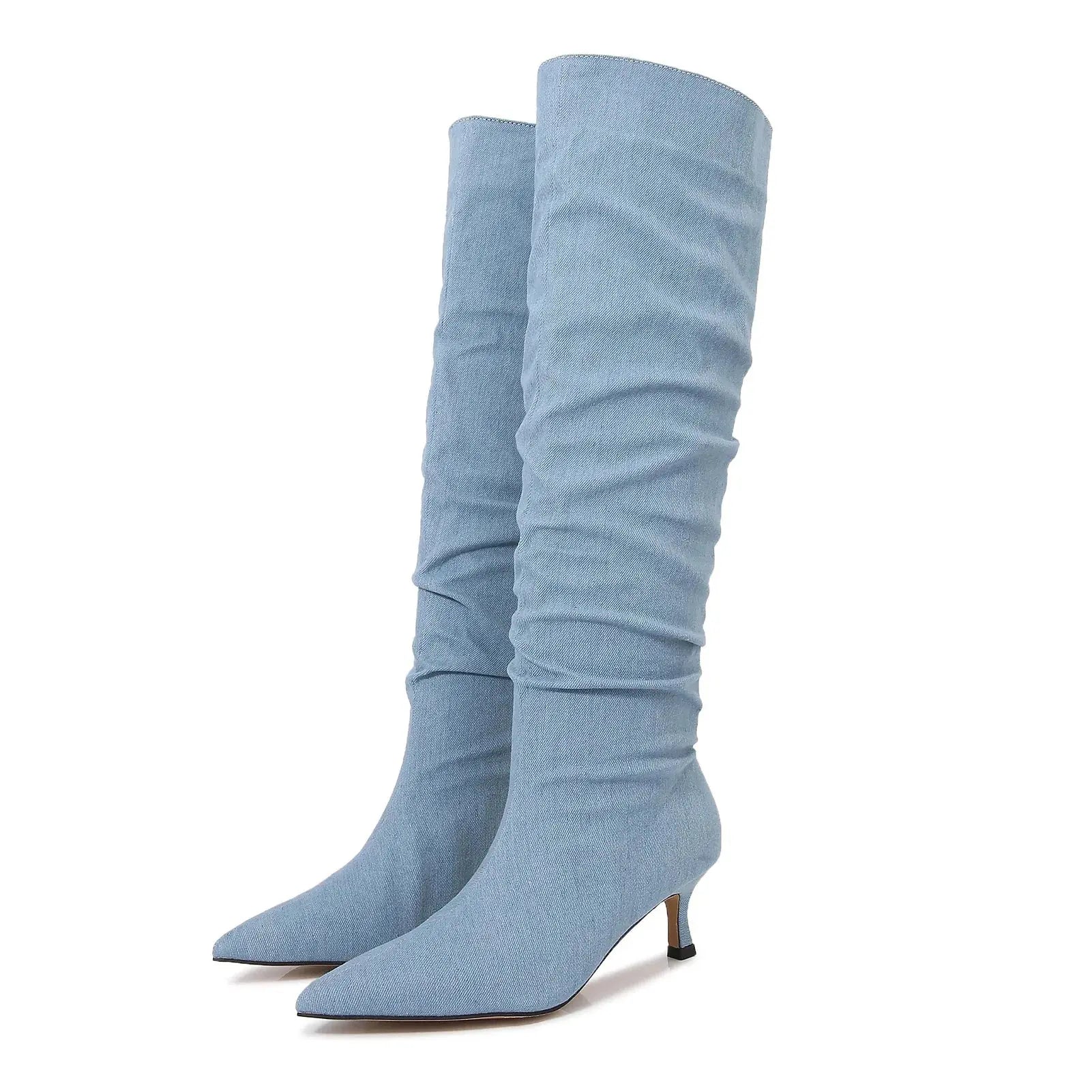 Sexy Ladies Jeans over the knee boots pointed toe thin high heels denim long botas mujer pleated blue jeans botines big size 43 JNi3 shop