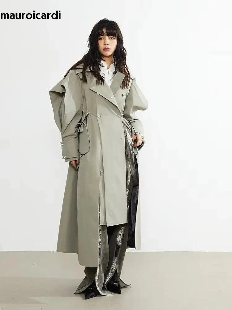 Mauroicardi Spring Long Oversized Elegant Ruffled Trench Coat for Women Double Breasted Luxury Designer Overcoat Runway Fashion JNi3 shop