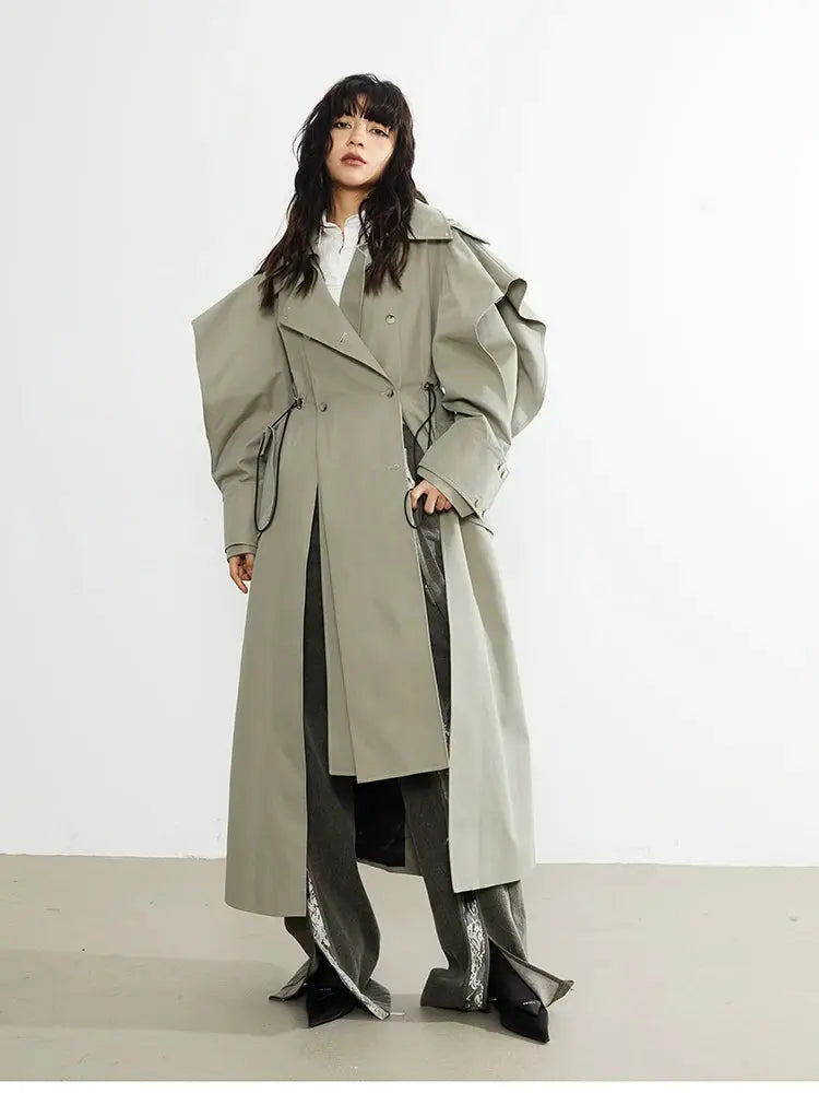 Mauroicardi Spring Long Oversized Elegant Ruffled Trench Coat for Women Double Breasted Luxury Designer Overcoat Runway Fashion JNi3 shop