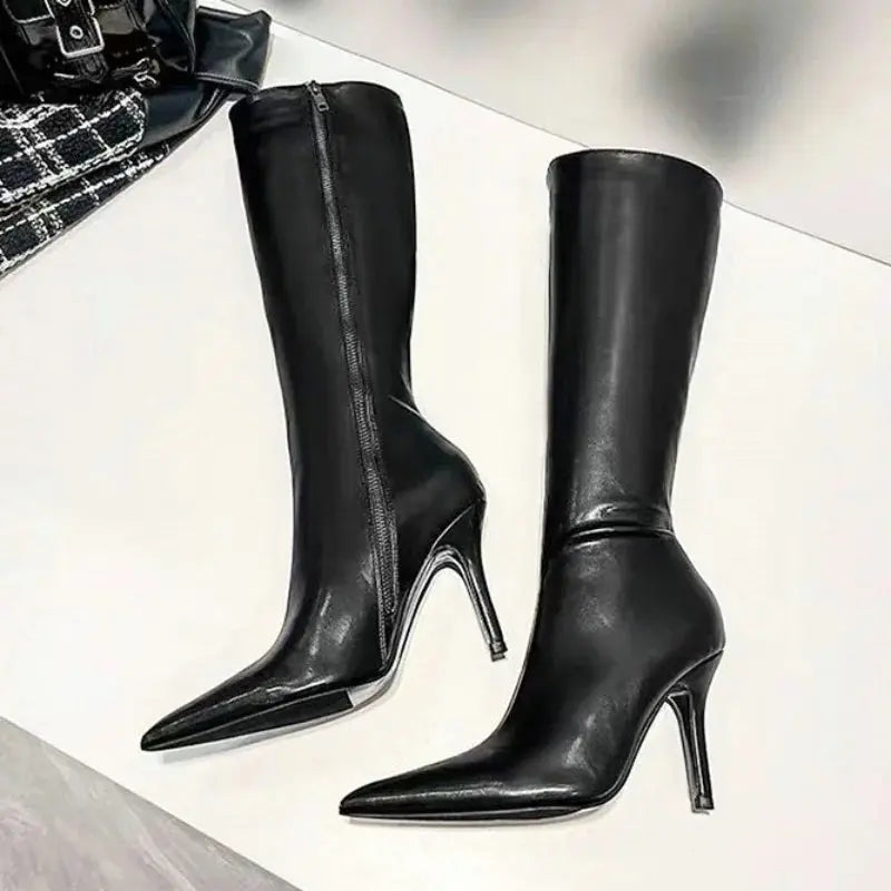 2025 Autumn And Winter New European Pointed High Boots Female Slim Heel Slim Side Zipper Motorcycle Boots High Heel Boots JNi3 shop