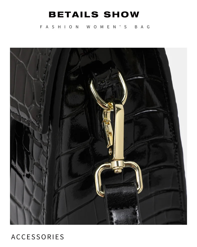 New Lacquer Skin Crocodile Pattern Women's Handbag Top Layer Cowhide Styled High Grade Single Shoulder Crossbody Bag