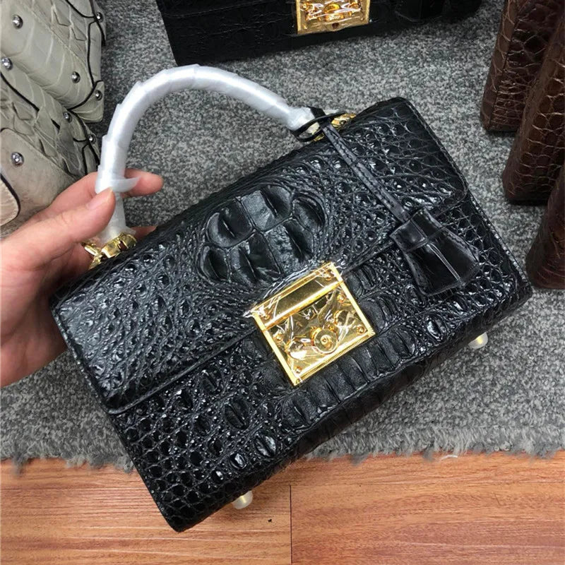 Genuine Alligator Skin Key Lock Closure Lady Small Green Handbag Authentic Crocodile Leather Women Flap Purse Cross Shoulder Bag