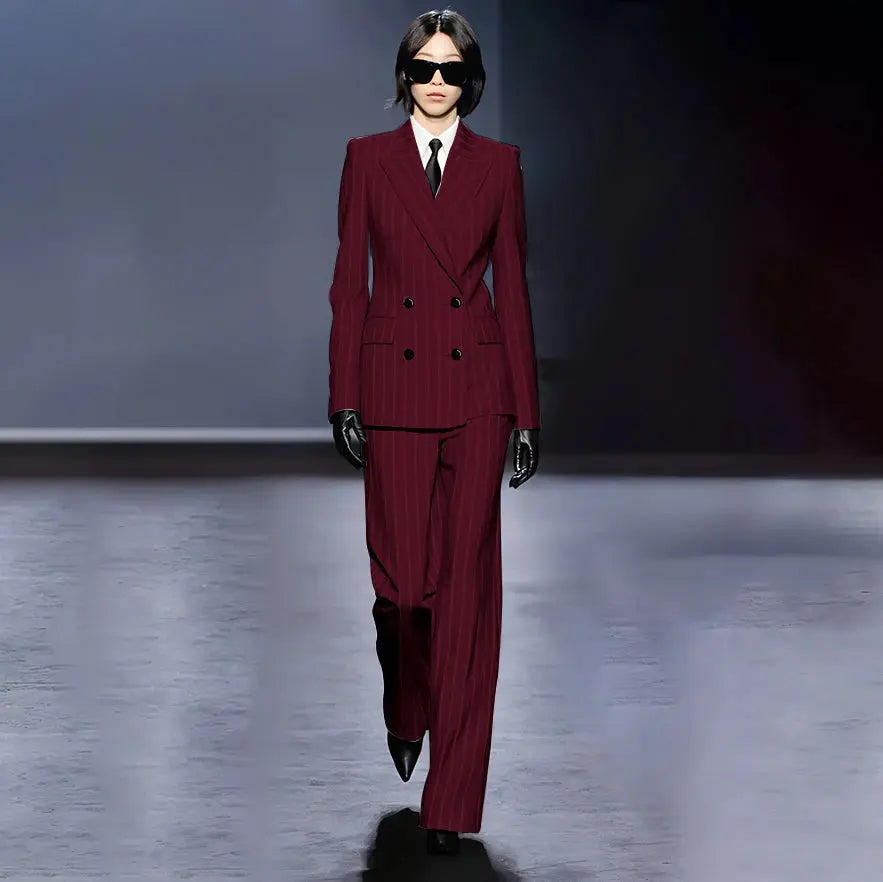 Dark Blue Stripes Women Suit Customized Double-breasted Peak Lapel Two Pieces(Jacket+Pants) Business Office Lady Competent Set JNi3 shop