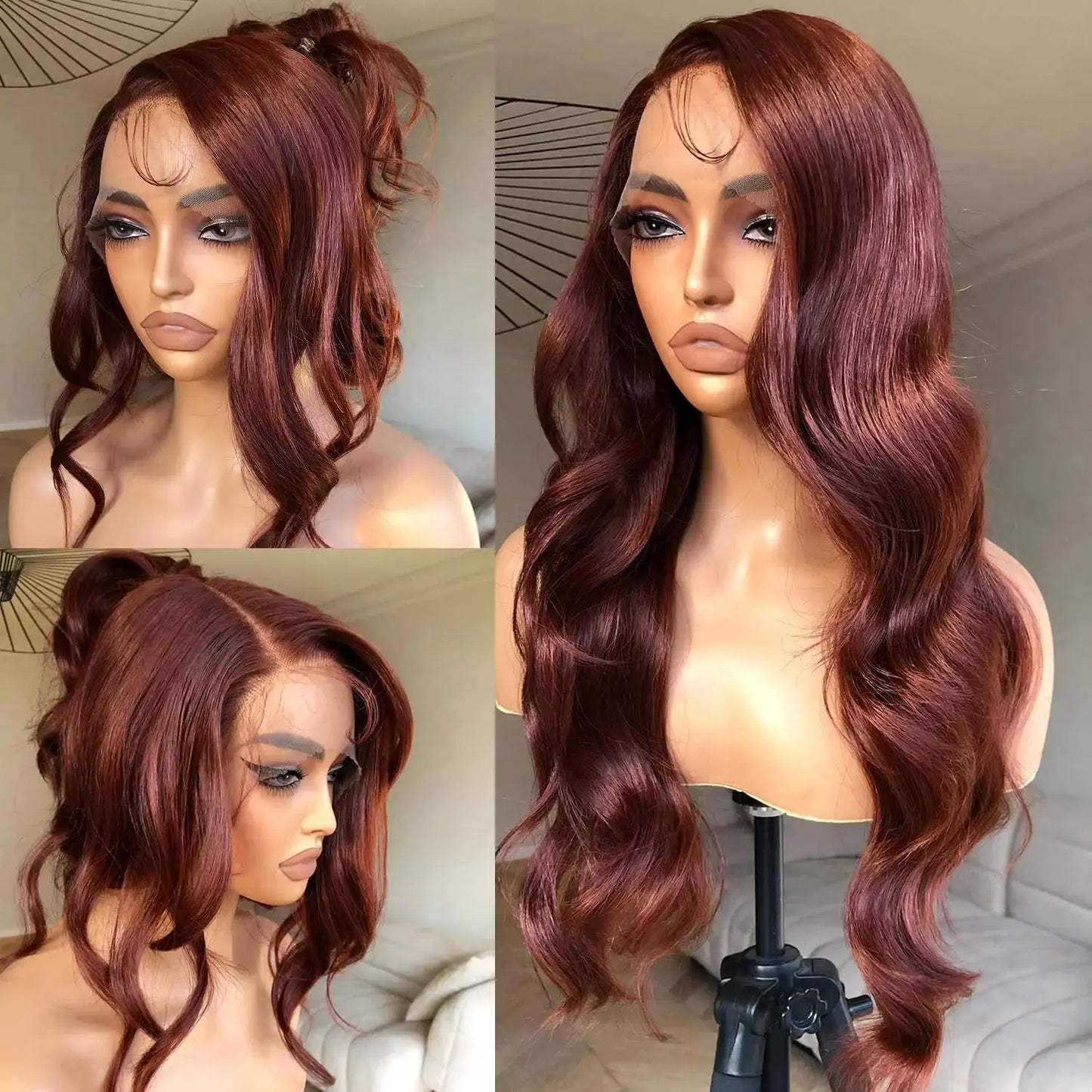 13x6 Reddish Brown Women's Wigs Synthetic Lace Front Wig Red Body Wave Lace Frontal Wig Glueless Pre Plucked With Baby Hair Wig JNi3 shop