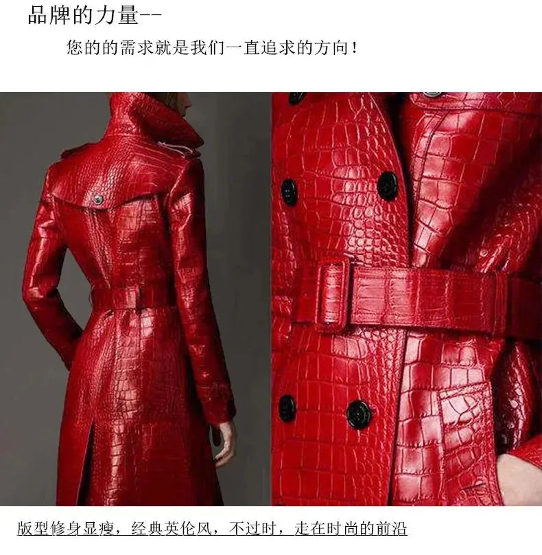 Lautaro Autumn Long Red Crocodile Print Leather Trench Coat for Women Belt Double Breasted Elegant British Style JNi3 shop