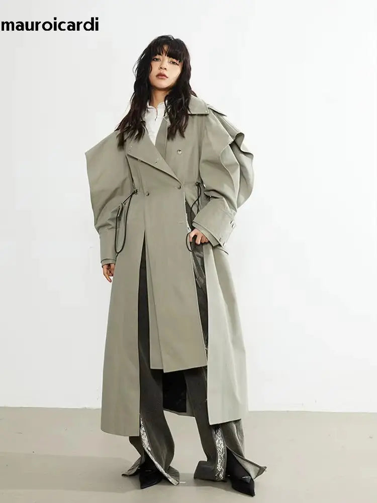 Mauroicardi Spring Long Oversized Elegant Ruffled Trench Coat for Women Double Breasted Luxury Designer Overcoat Runway Fashion JNi3 shop