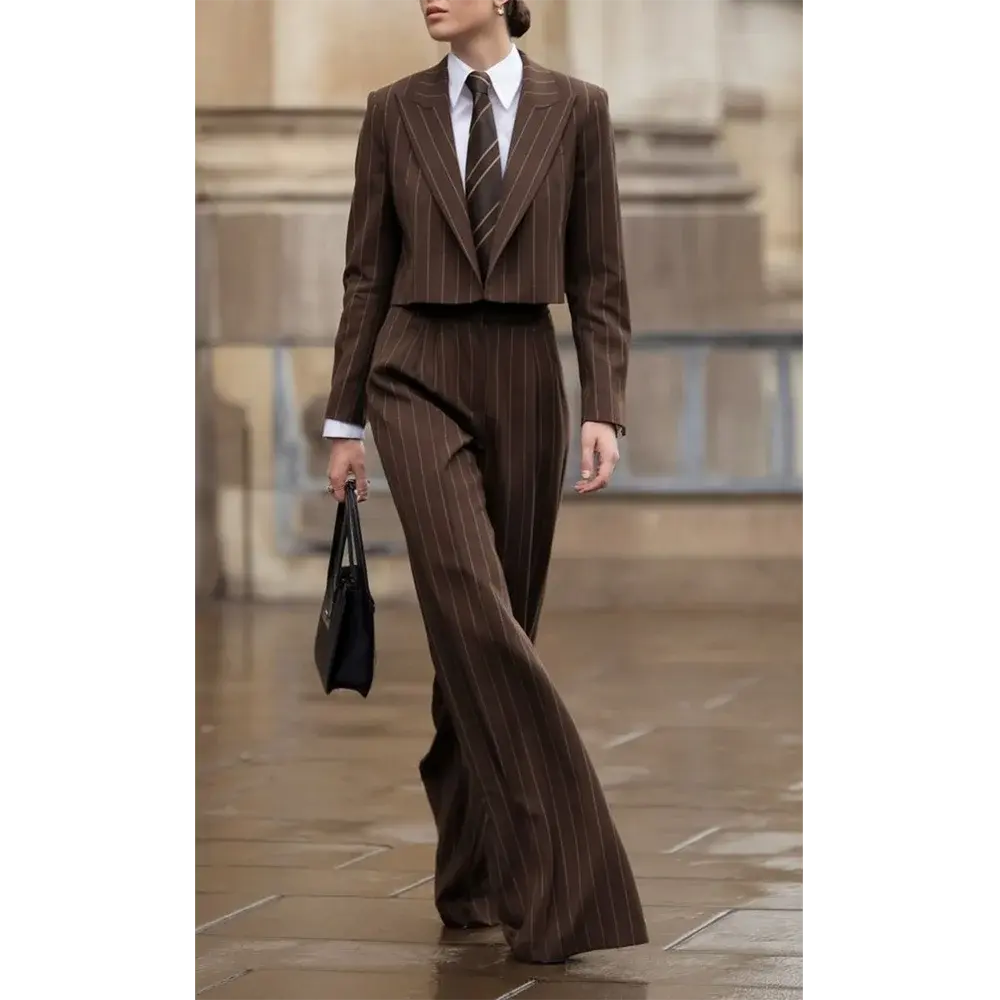 2025 Spring Office Outfits For Women Brown Pinstripe 2 Piecs Suits Short Blazer Pants Work Commute Social Party Suits JNi3 shop