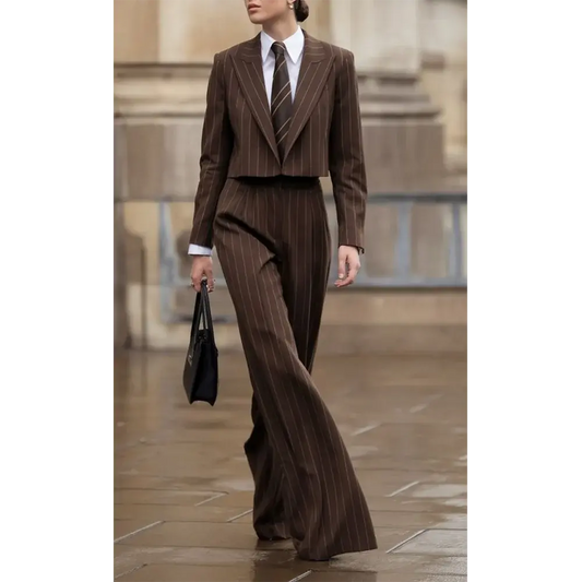 2025 Spring Office Outfits For Women Brown Pinstripe 2 Piecs Suits Short Blazer Pants Work Commute Social Party Suits JNi3 shop