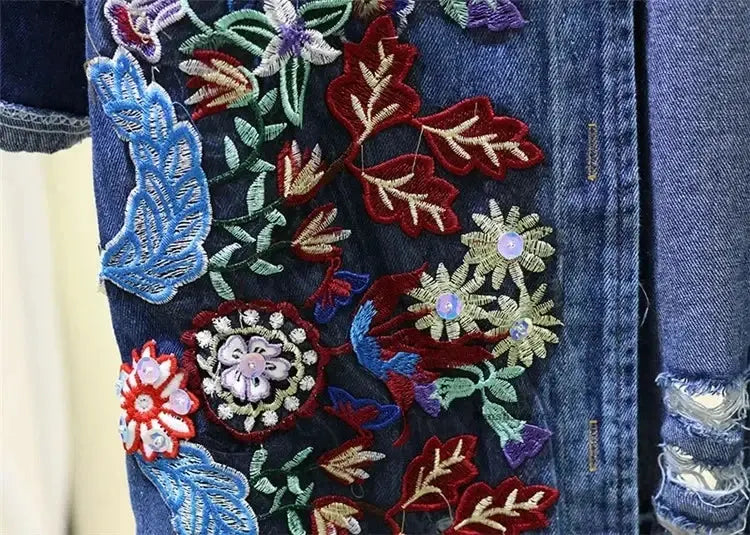 Spring Autumn Loose Vintage Flower Embroidered Denim Jacket Women Single-breasted Casual Raw Fringe Hole Jeans Jackets Female JNi3 shop