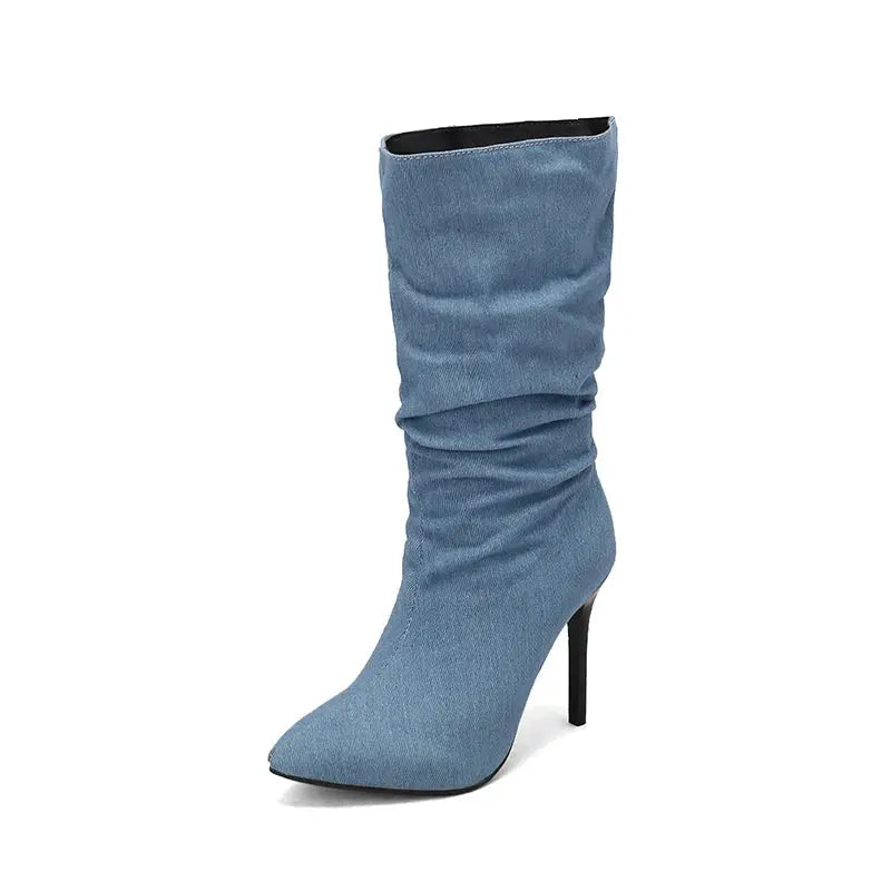 2024 New Plus Size Pointed Toe Ultra-High Slim Heel TPR Sole Light Blue Denim Mid –Calf Boots Pleated Plush Lining Sexy Boots JNi3 shop